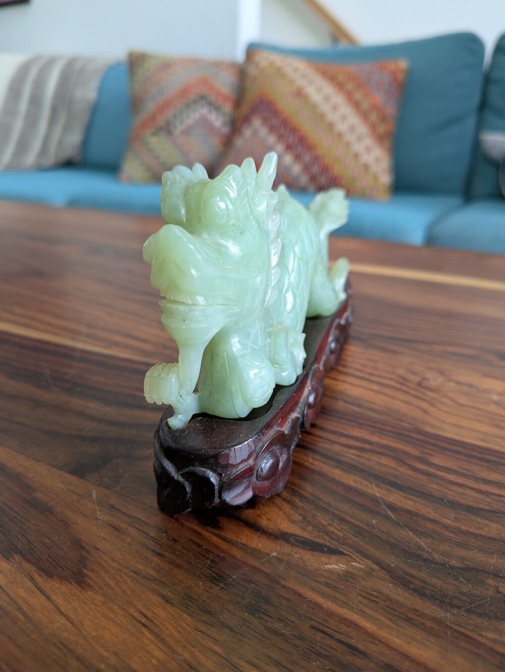 Carved Green Serpentine Jade Dragon Figurine Statue with Wooden Base - Picture 7 of 16